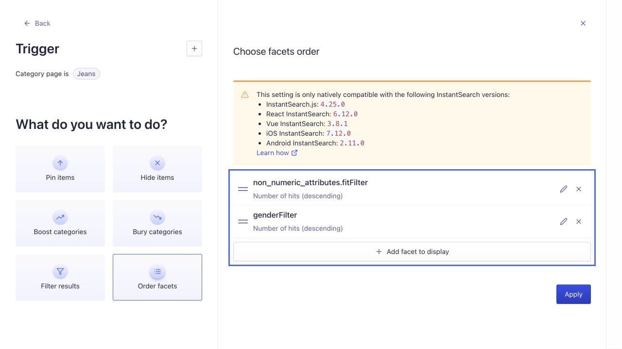 Click Add facet to display